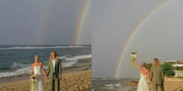 Noivos são surpreendidos por arco-íris duplo após forte tempestade