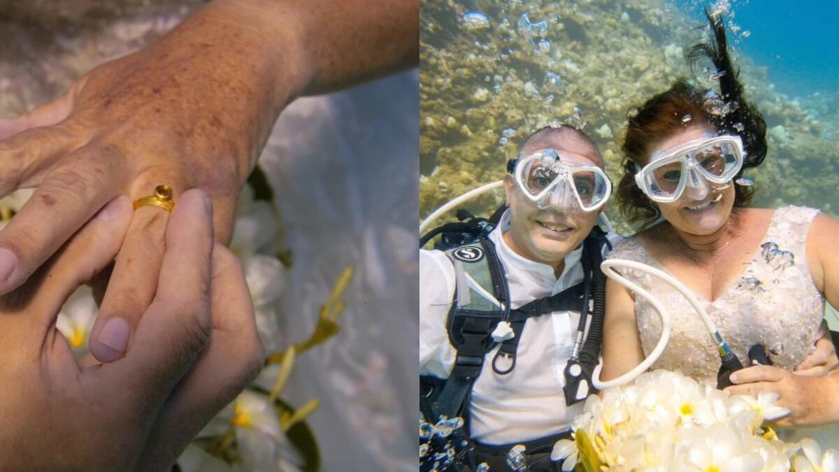 Casal transforma paixão por mergulho em casamento subaquático