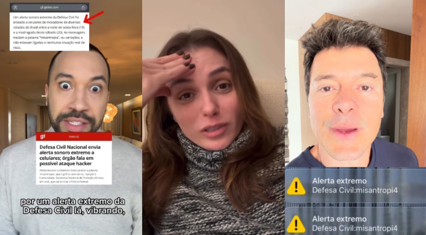 Alerta da Defesa Civil causa susto em artistas com mensagem sobre "misantropia"