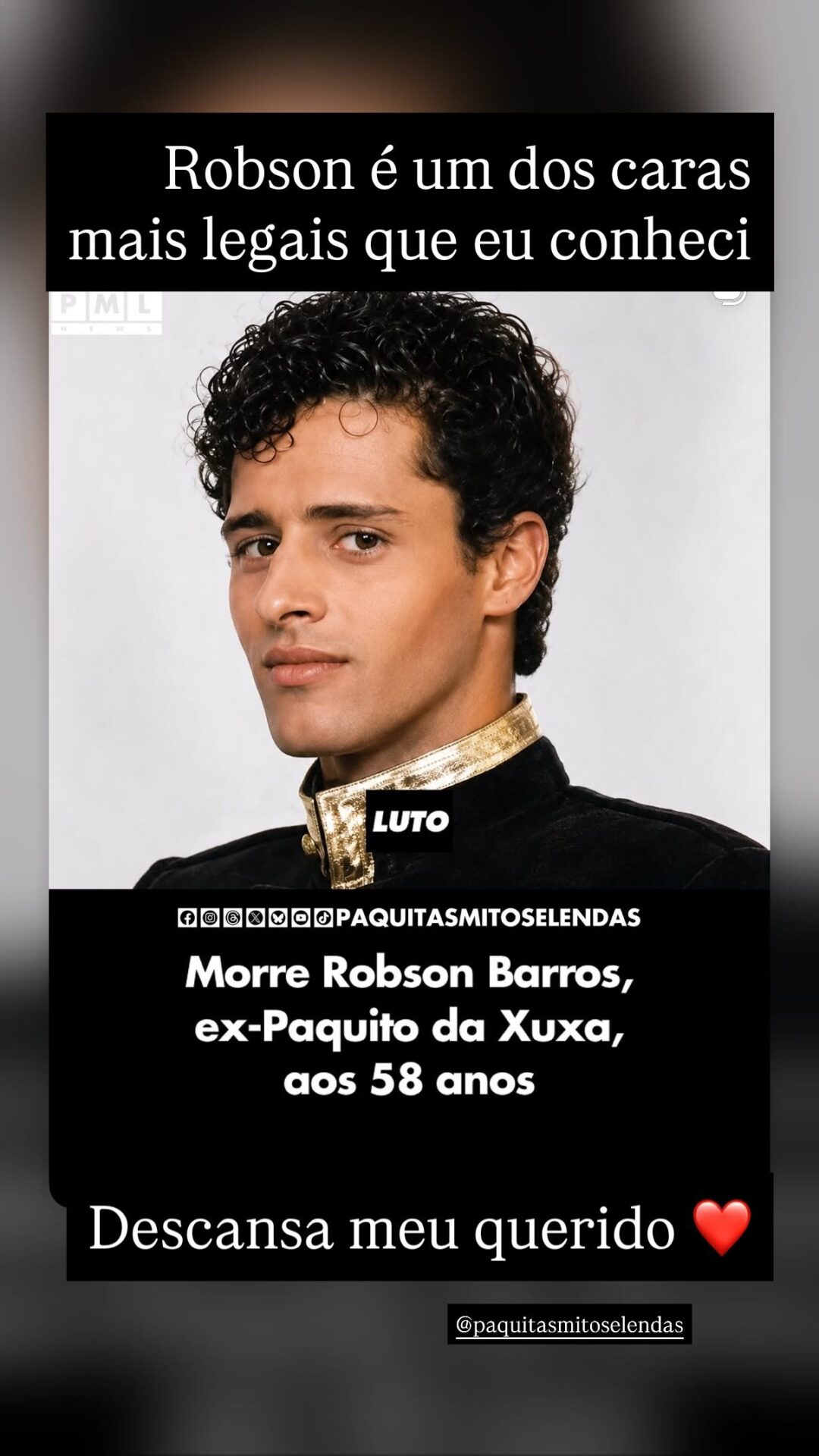 Juliana Baroni presta homenagem ao amigo Robson Barros, ex-paquito falecido aos 57 anos