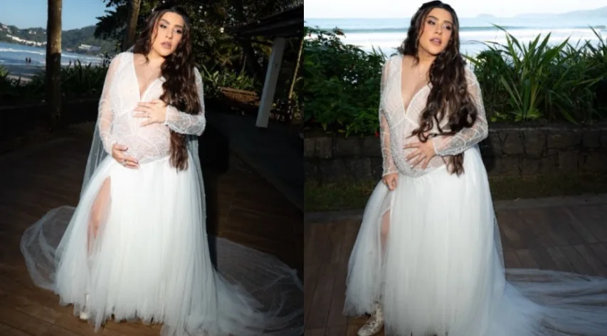 Lauana Prado se casa com Tati Dias em Ubatuba com vestido vintage deslumbrante