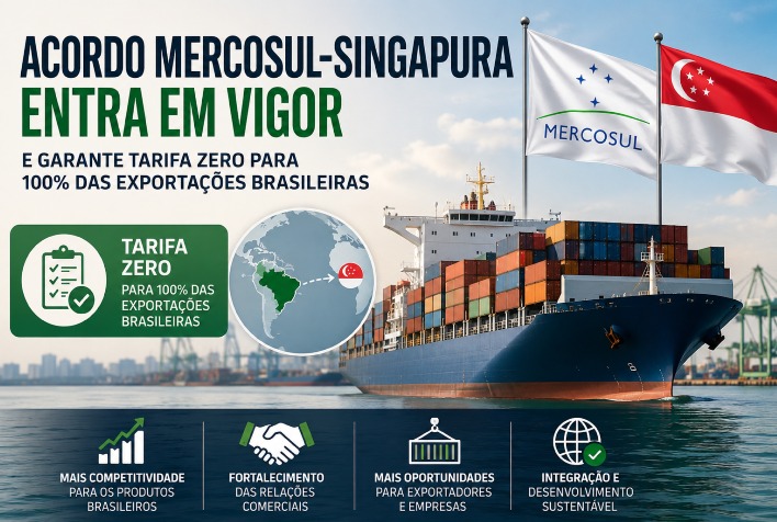 Acordo Mercosul-Singapura garante tarifa zero para 100% das exportações brasileiras