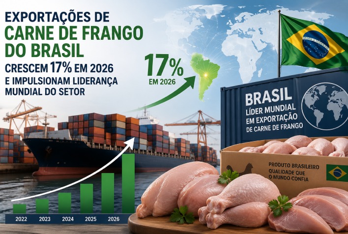 Exportações de carne de frango do Brasil crescem 17% e consolidam liderança global em 2026