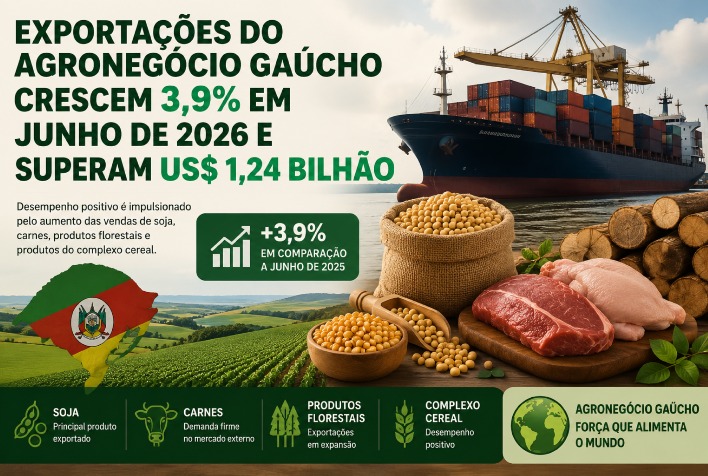 Exportações do agronegócio gaúcho superam US$ 1,24 bilhão em junho de 2026