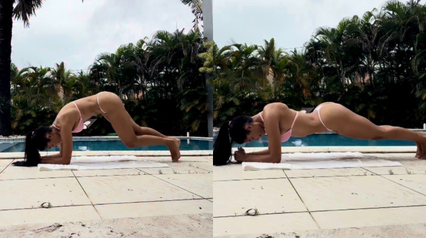 Flay treina ao ar livre de biquíni em busca de vitamina D em dia nublado