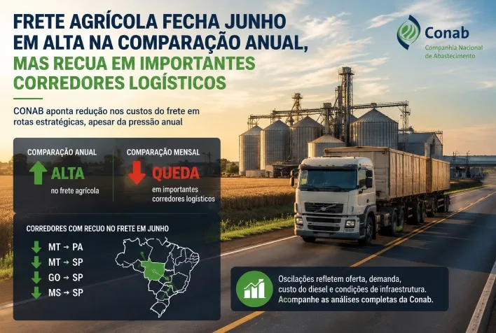 Frete agrícola fecha junho em alta anual, mas recua em rotas-chave, aponta Conab