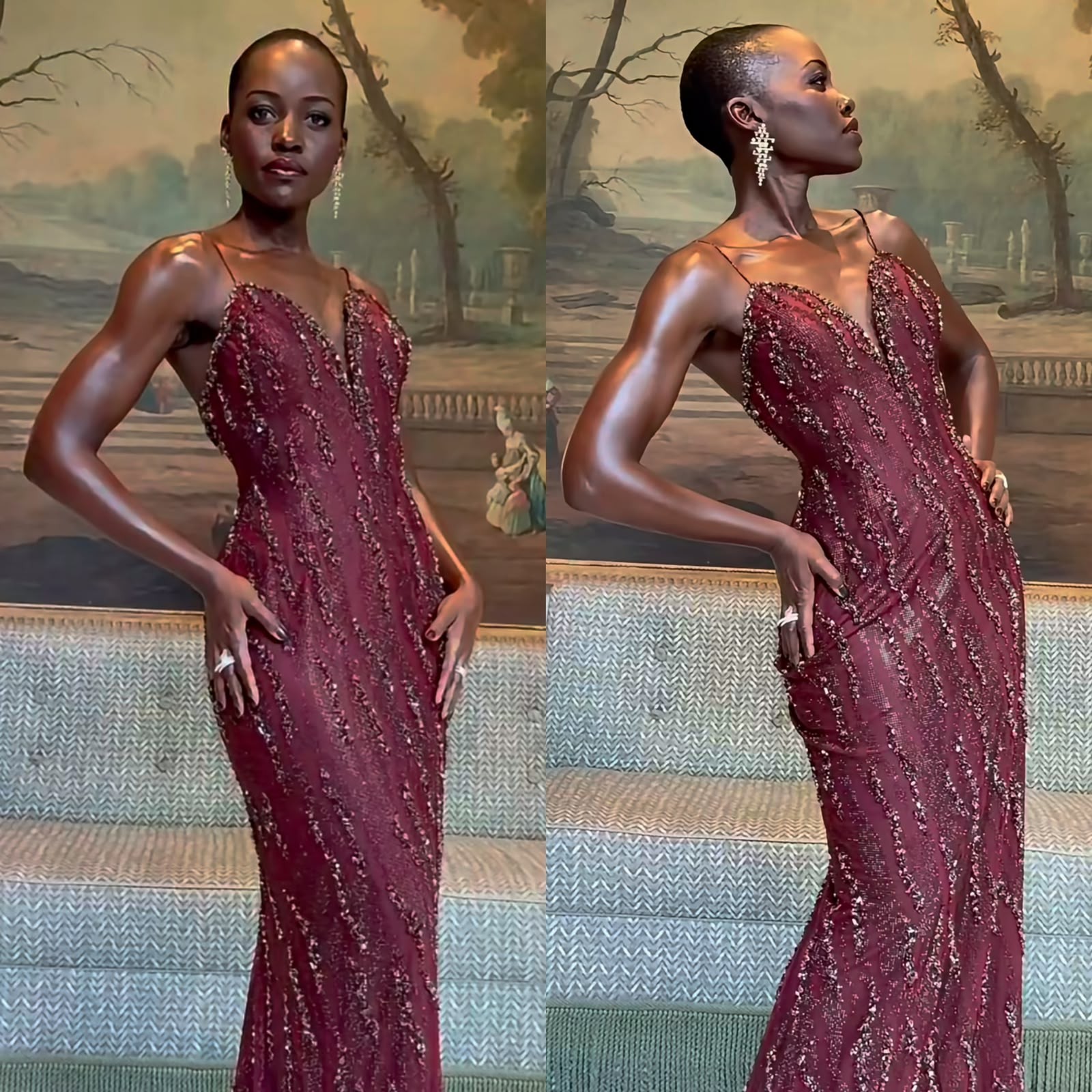 Lupita Nyong’o brilha em vestido marsala com pedrarias em evento em Paris