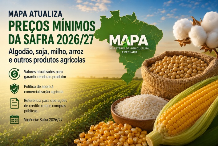 Mapa atualiza preços mínimos para safra 2026/27 de algodão, soja e milho