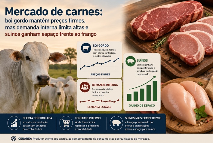 Mercado de carnes: boi gordo firme, mas demanda interna limita altas e suínos avançam frente ao frango