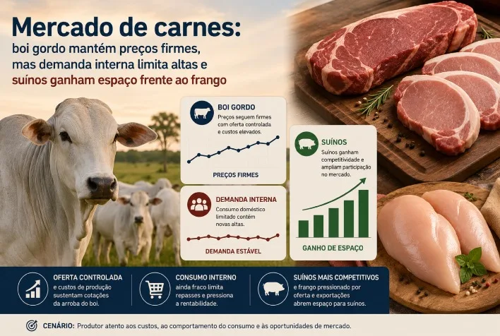 Mercado de carnes: boi gordo firme, mas demanda interna limita altas e suínos avançam frente ao frango