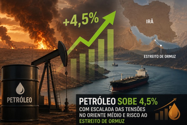 Petróleo sobe 4,5% com tensões no Oriente Médio e riscos no Estreito de Ormuz