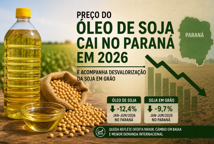 Preço do óleo de soja cai no Paraná em 2026, acompanhando desvalorização da soja em grão
