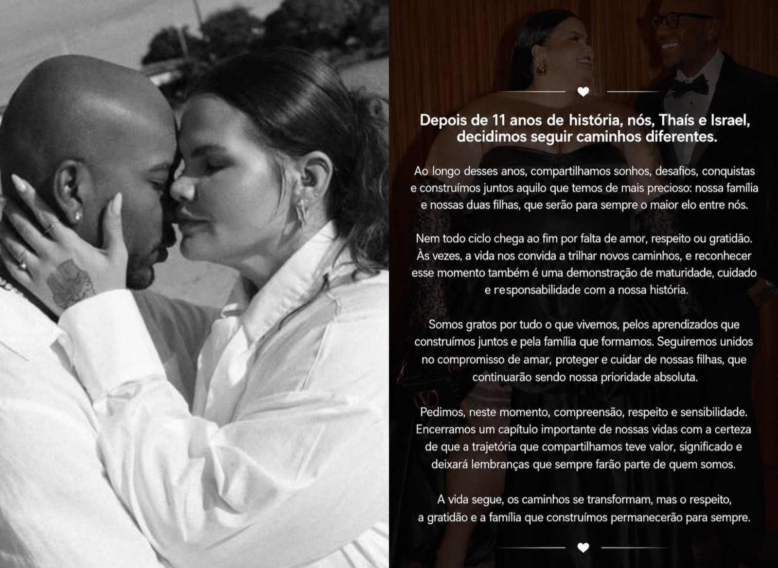Thais Carla e Israel Reis anunciam fim do casamento após 11 anos juntos