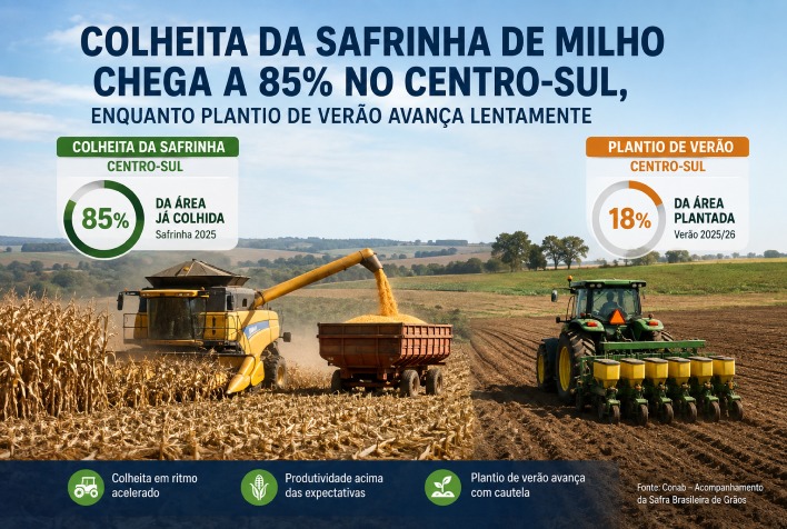Colheita da safrinha de milho atinge 85% no Centro-Sul; plantio de verão avança devagar