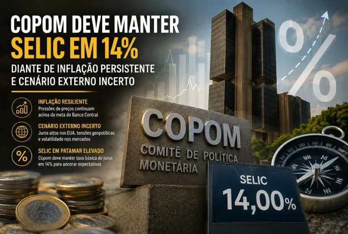 Copom deve manter Selic em 14% até 2027 devido à inflação persistente