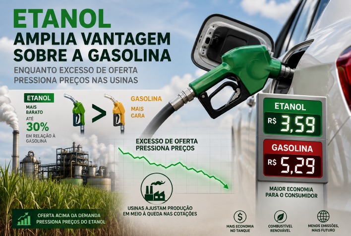 Etanol se destaca com maior vantagem sobre a gasolina desde 2018, mas preços caem nas usinas.