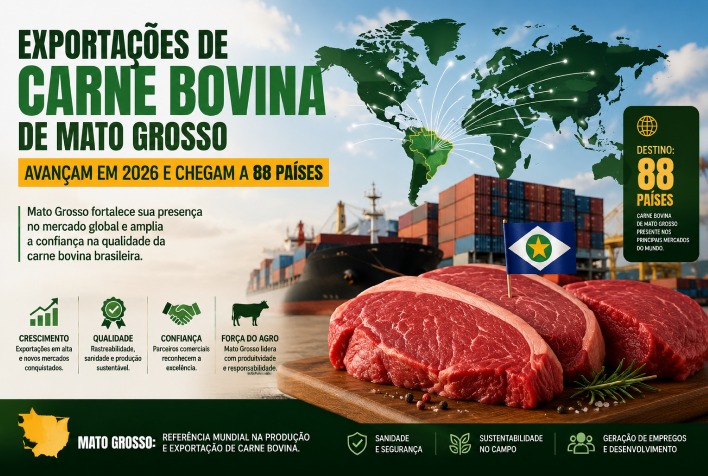 Exportações de carne bovina de Mato Grosso crescem 63% e alcançam 88 países em 2026