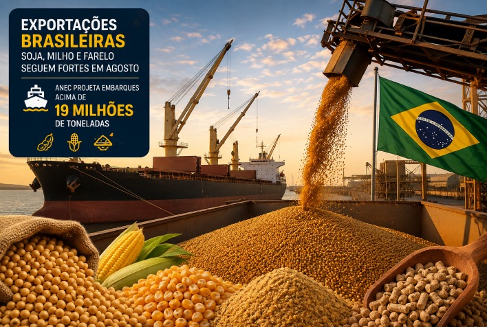 Exportações de soja, milho e farelo do Brasil superam 19 milhões de toneladas em agosto