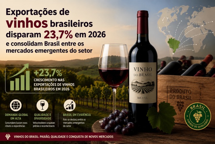 Exportações de vinhos brasileiros crescem 23,7% em 2026 e conquistam novos mercados