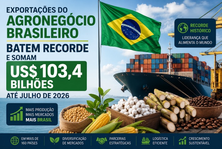 Exportações do agronegócio brasileiro alcançam recorde de US$ 103,4 bilhões até julho de 2026