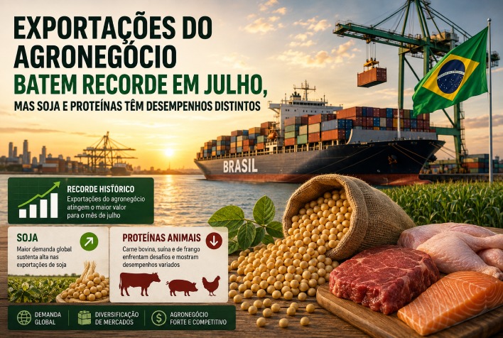 Exportações do agronegócio brasileiro alcançam recorde de US$ 16,3 bilhões em julho