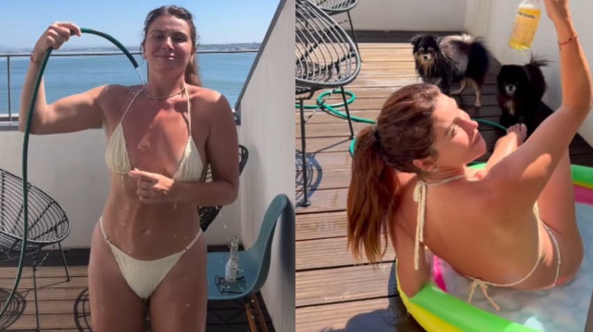 Giovanna Antonelli improvisa piscina na laje em Portugal para se refrescar no calor