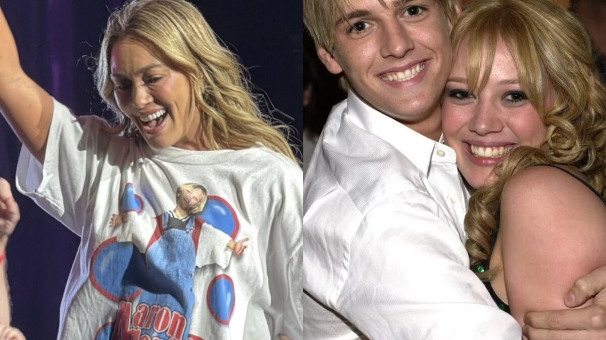 Hilary Duff homenageia Aaron Carter em show com camiseta estampada do cantor