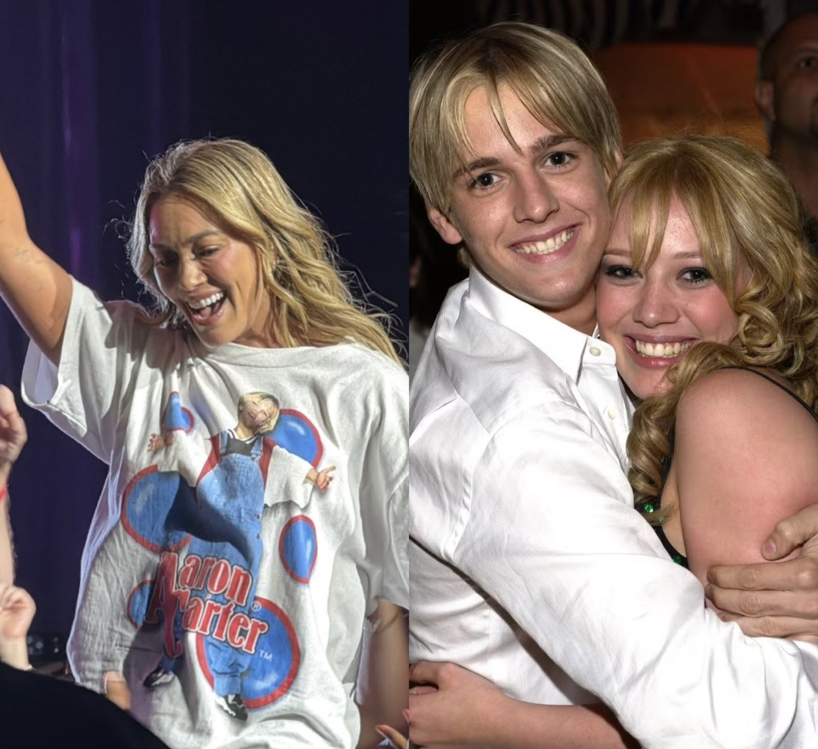 Hilary Duff homenageia Aaron Carter em show com camiseta estampada do cantor