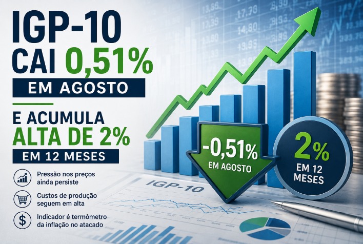 IGP-10 cai 0,51% em agosto e acumula alta de 2% em 12 meses, diz FGV