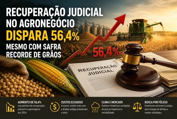 Pedidos de recuperação judicial no agronegócio crescem 56,4% em 2025