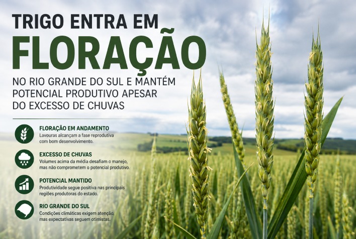 Trigo floresce no Rio Grande do Sul e mantém potencial produtivo apesar das chuvas