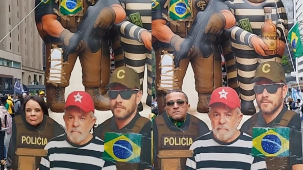 Bolsonaristas fazem fila na Paulista para foto com painel de Lula presidiário
