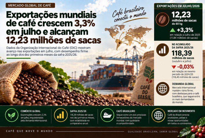 Exportações globais de café crescem 3,3% em julho e somam 12,23 milhões de sacas