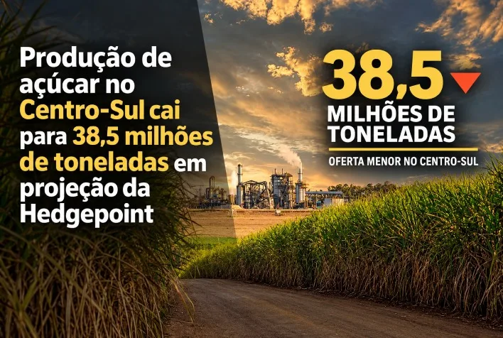 Produção de açúcar no Centro-Sul cai para 38,5 milhões de toneladas, diz Hedgepoint