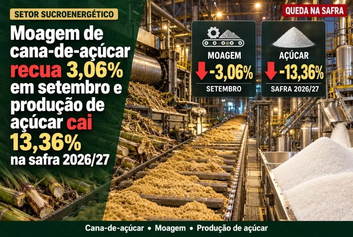 Moagem de cana-de-açúcar cai 3,06% em setembro e produção de açúcar recua 13,36%