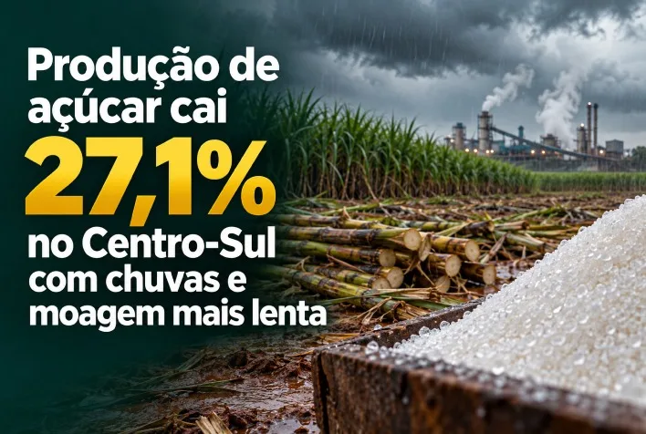 Produção de açúcar no Centro-Sul cai 27,1% em outubro devido às chuvas